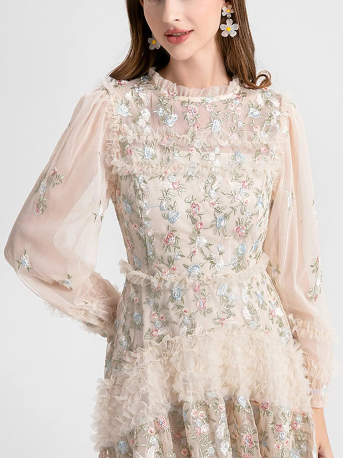 Evie's Dreamland apricot floral embroidered tulle maxi dress with layered lace detail