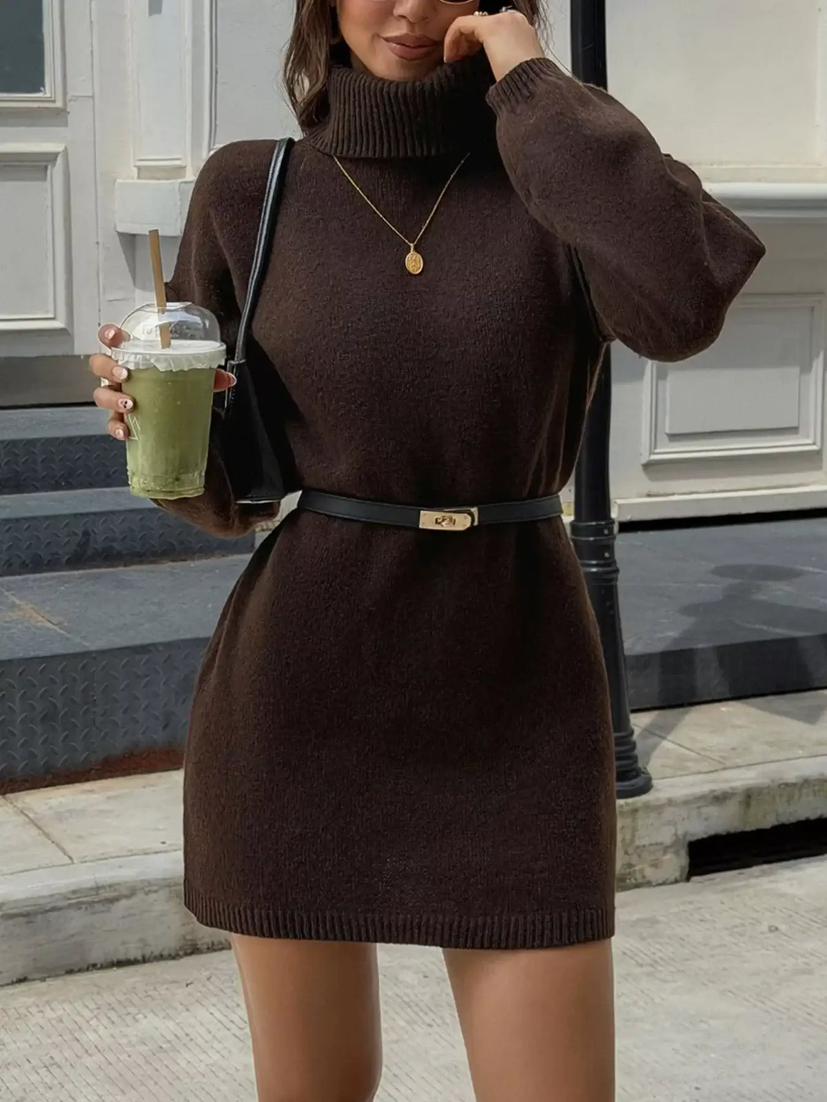 Women's brown turtleneck sweater dress with long sleeves