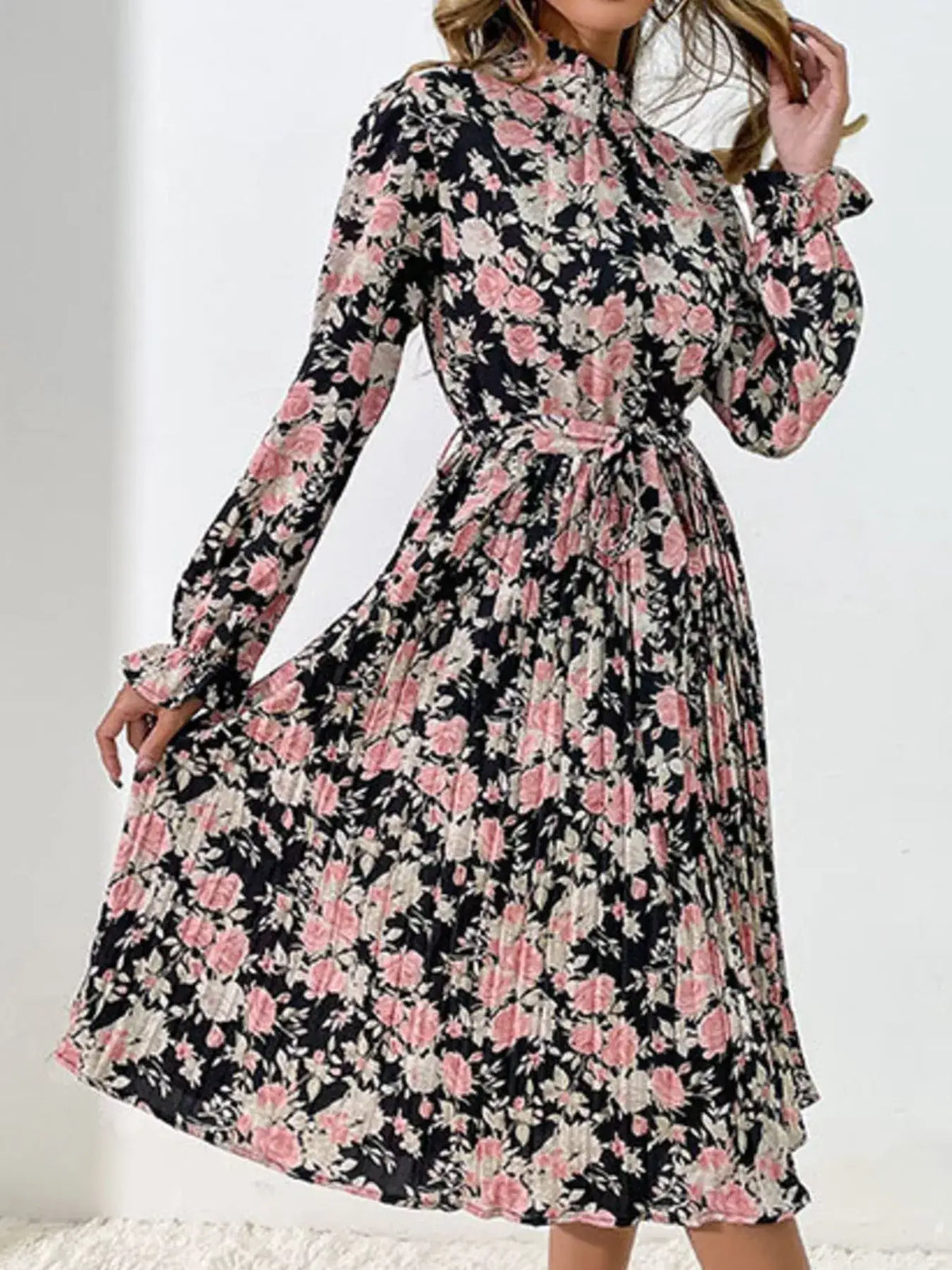 Black floral print pleated long sleeve midi dress - front view