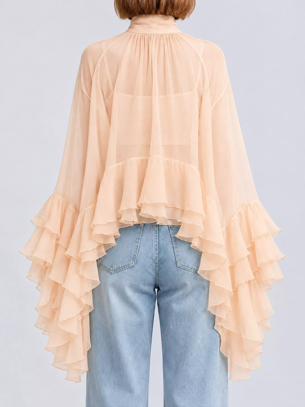 Off-white ruffle turtleneck blouse styled look