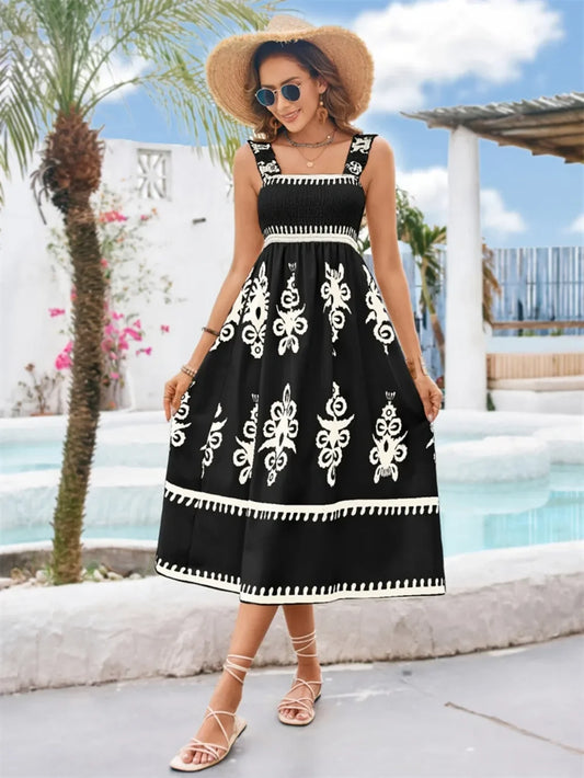 Printed Square Neck Midi Dress — Wide Strap Elegant Chic