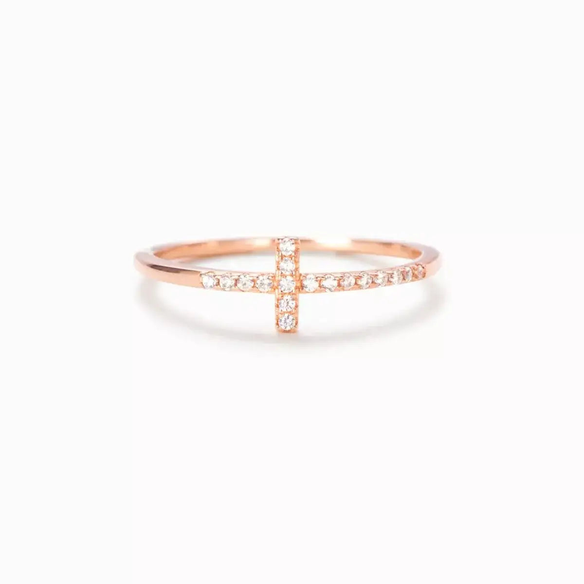 Rose gold plated 925 sterling silver cross ring with shimmering pavé diamonds for women.