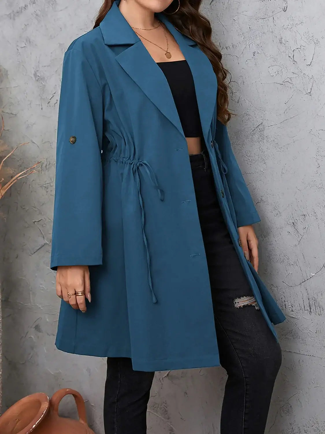 Plus Size Lapel Collar Drawstring Trench Coat