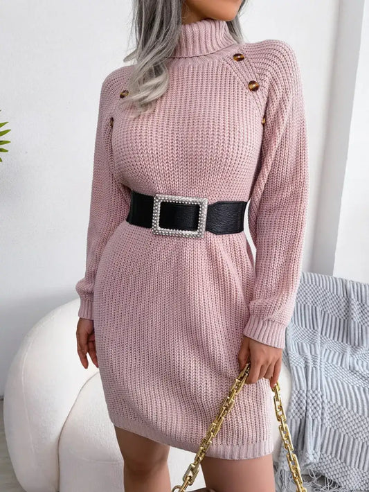 Pink Evie's Dreamland turtleneck knit sweater dress with decorative buttons and a black pearl belt.