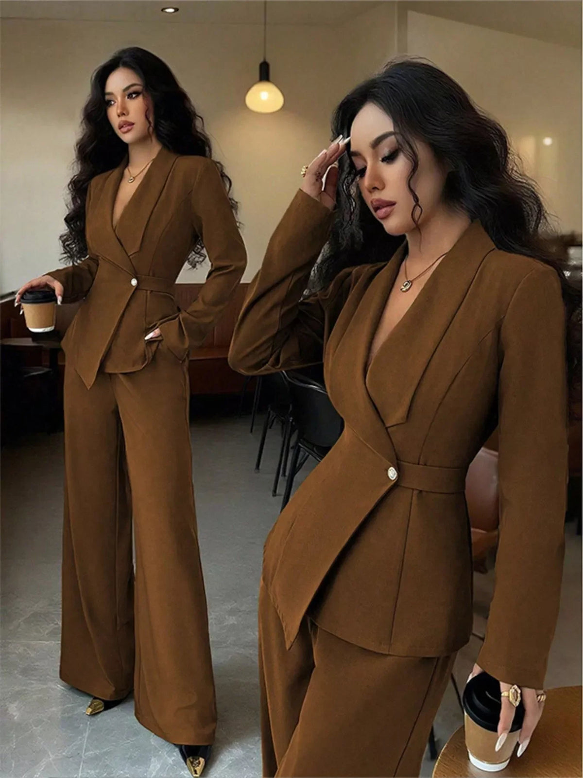 One Button Blazer and Pants Set Elegant Tailored Suit Style