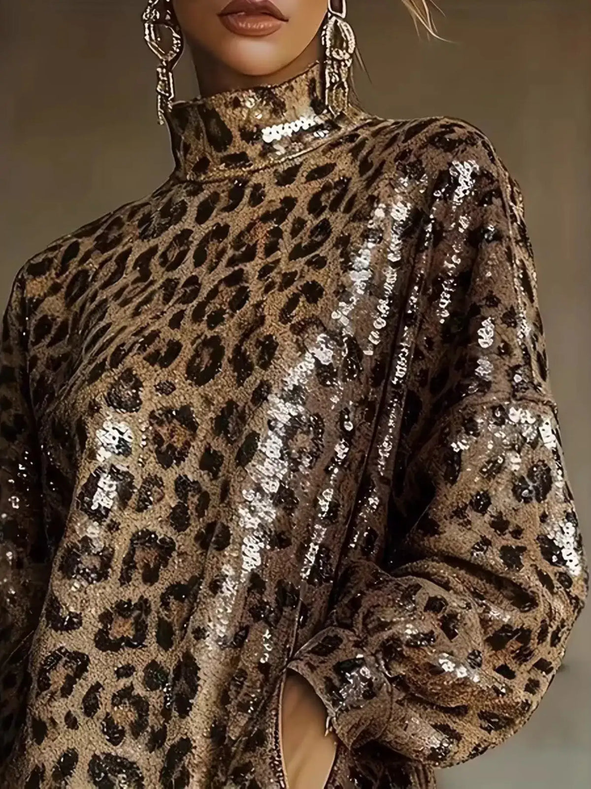 Evie's Dreamland leopard print sequin mini dress with a mock neck and long sleeves.