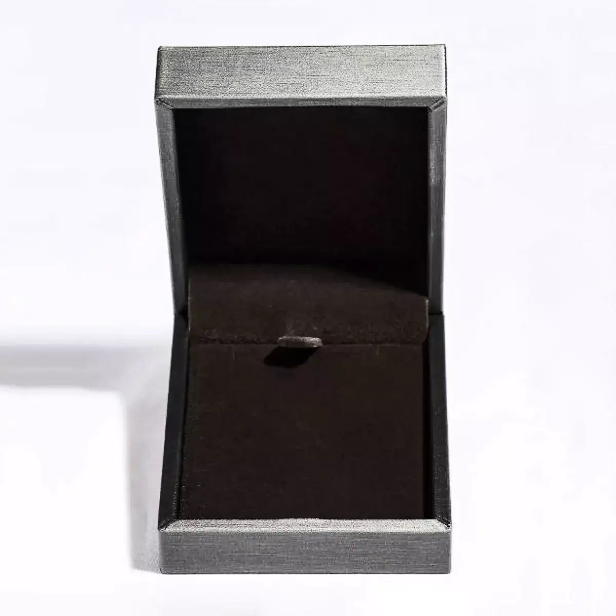 Open grey jewelry gift box with a black velvet interior for a Evie's Dreamland pendant necklace.