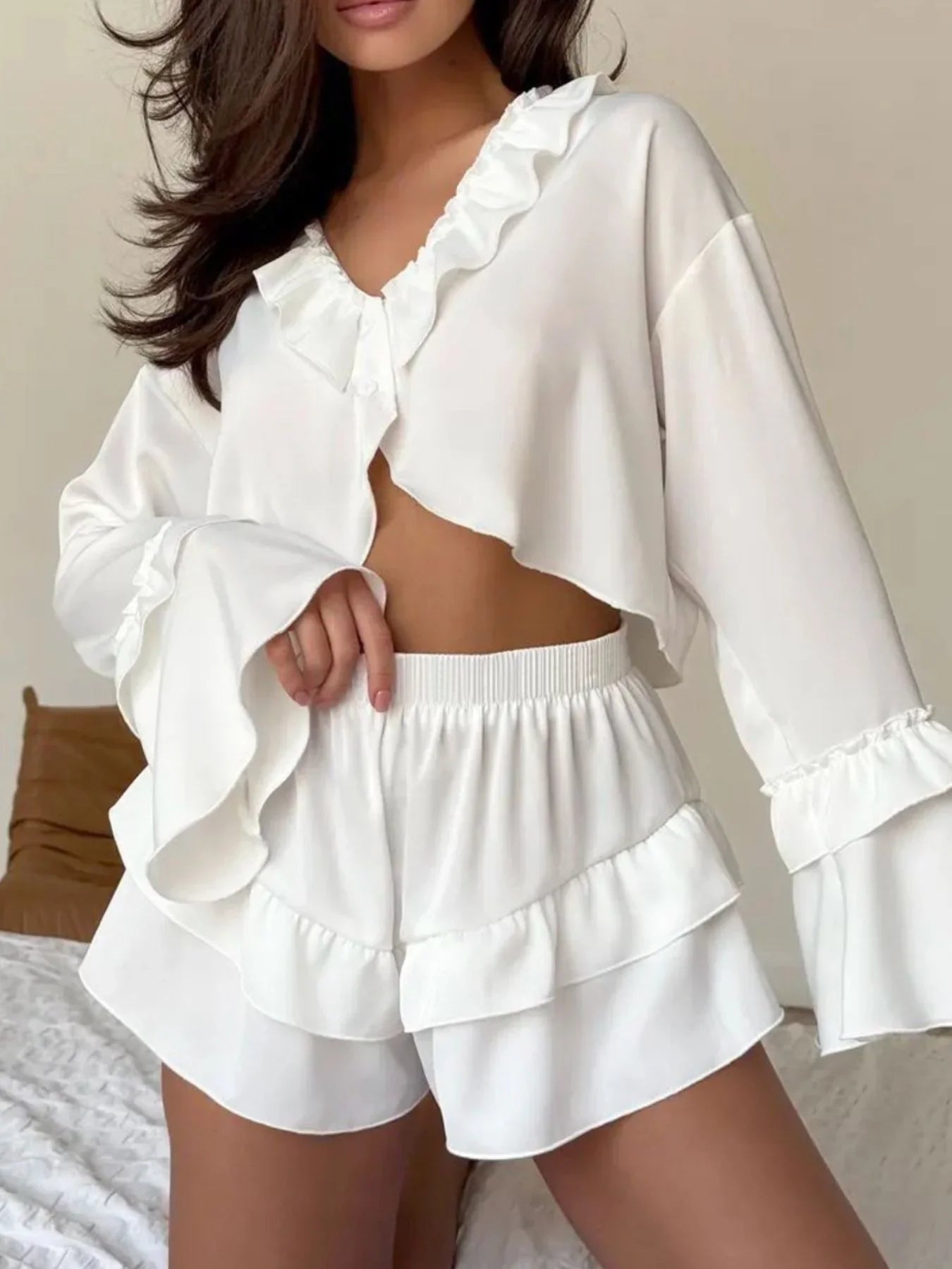 Ruffled V Neck Top and Shorts Set Two Piece Chic Summer Outfit