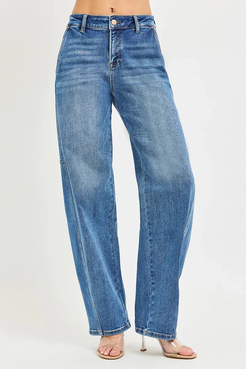 Women's high-waisted wide leg blue jeans with front button and faded wash