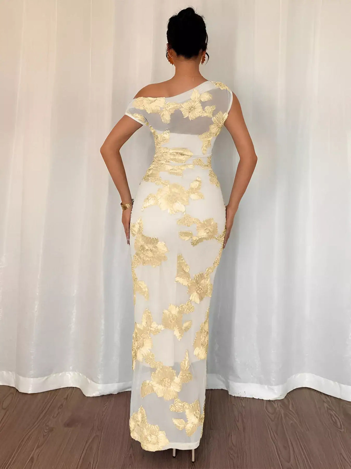 Embroidered one shoulder maxi dress styled look
