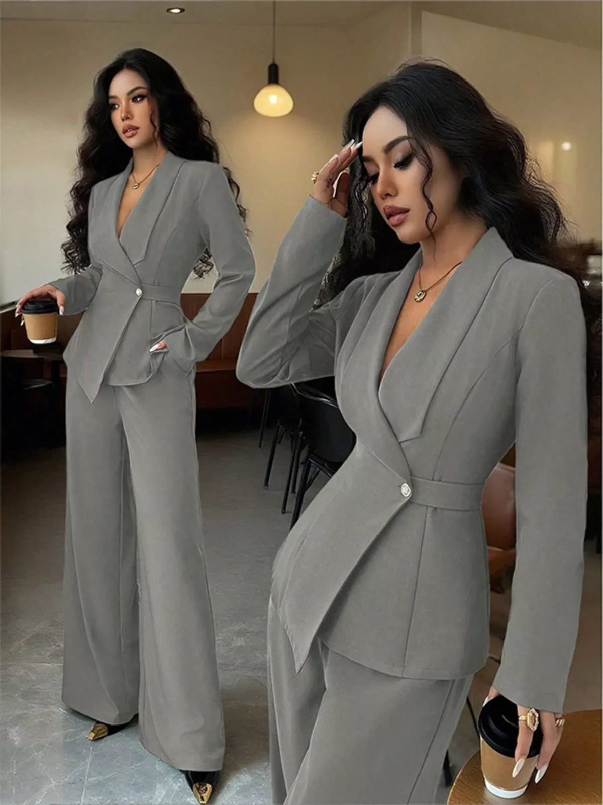 One Button Blazer and Pants Set Elegant Tailored Suit Style