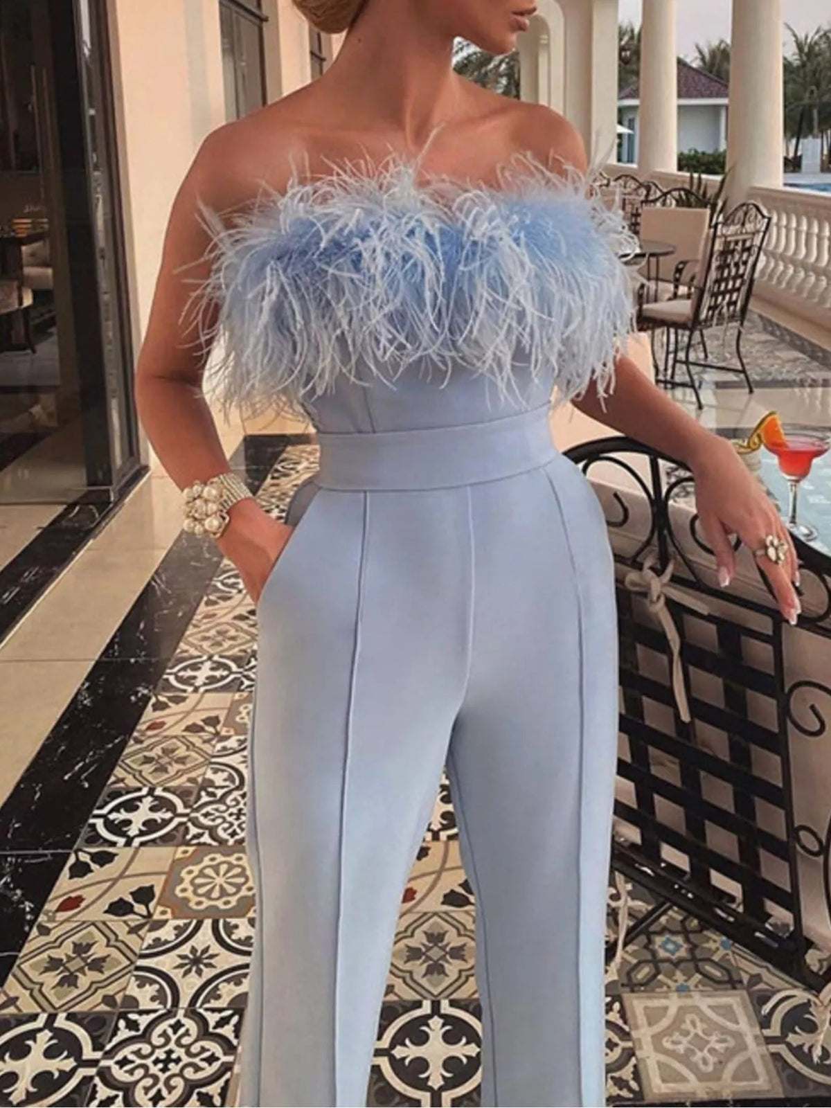 Wide-leg feather trim jumpsuit for women, side view