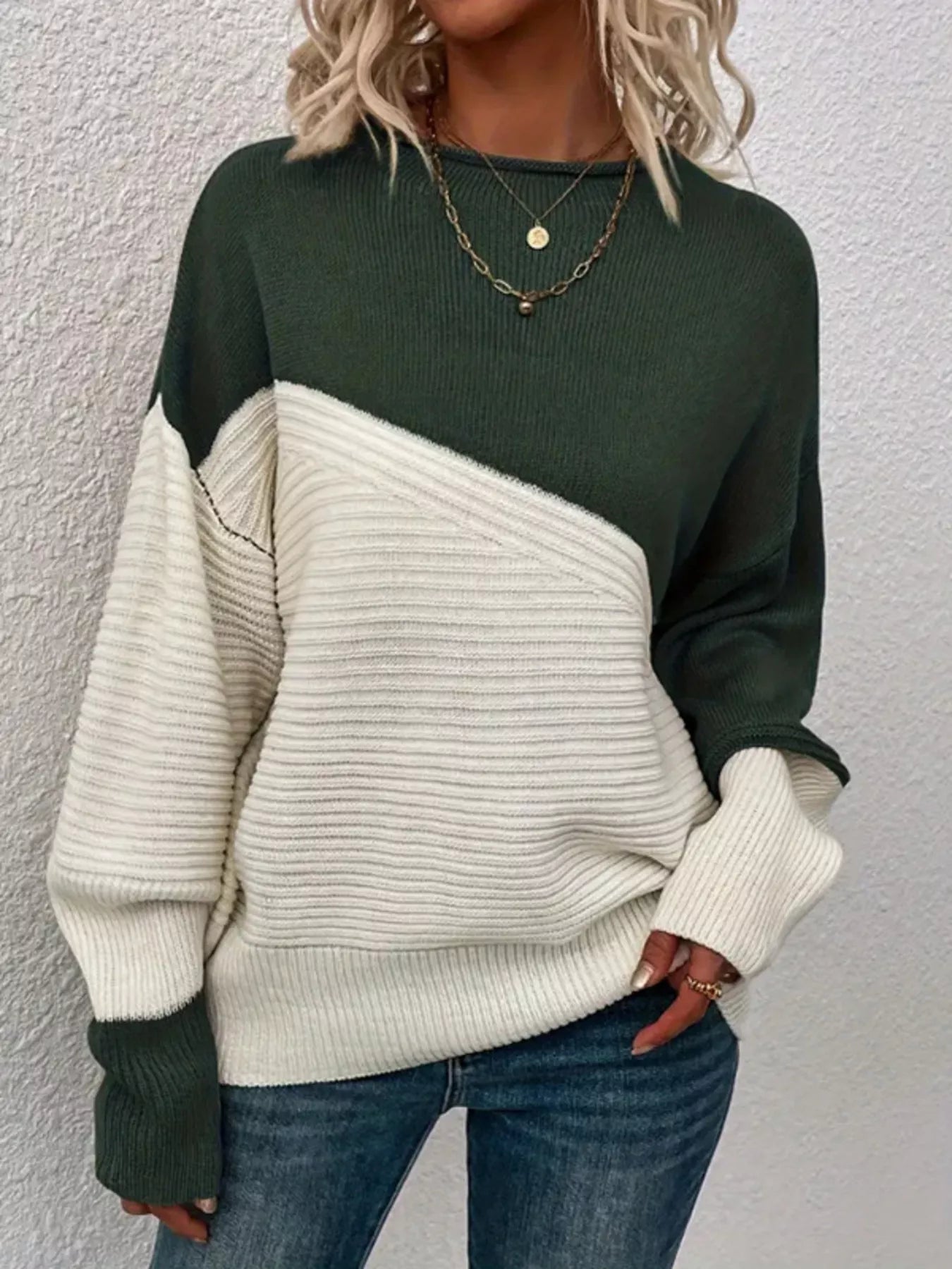 Color Block Ribbed Knit Sweater