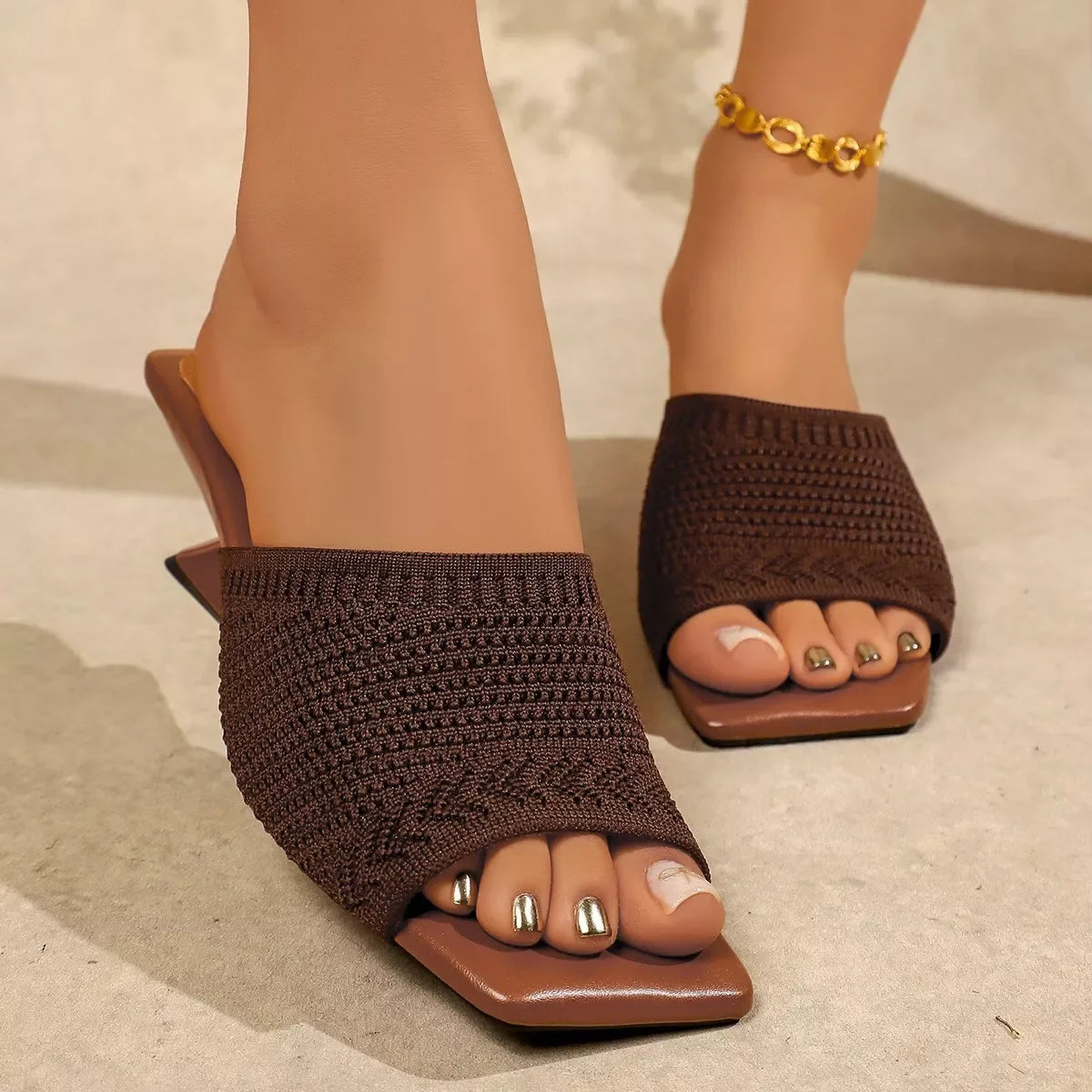 Brown breathable mesh open toe block heel sandals side profile
