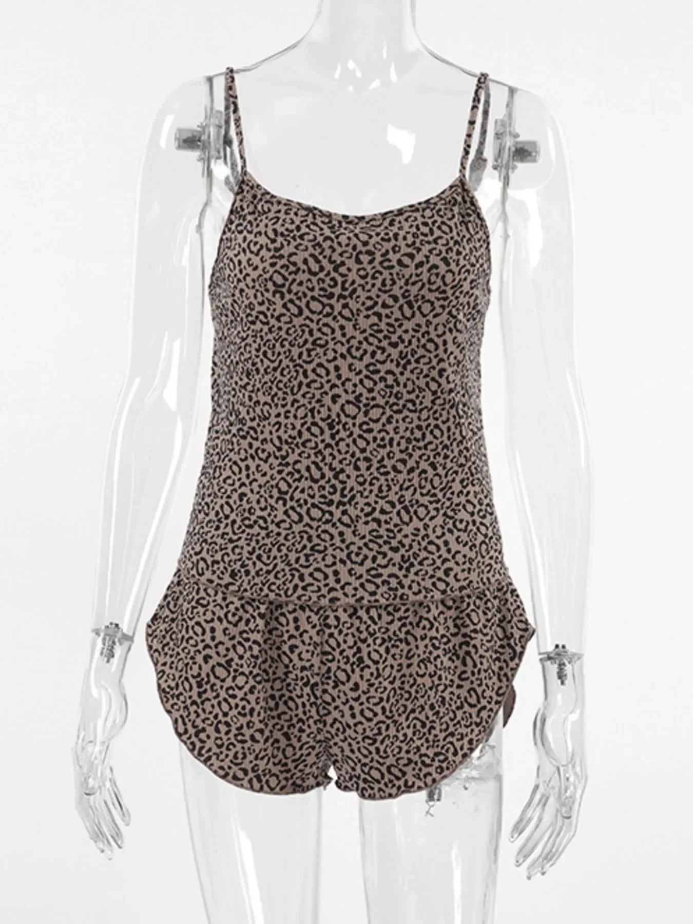 Leopard print women's sleeveless romper with shorts displayed on transparent mannequin