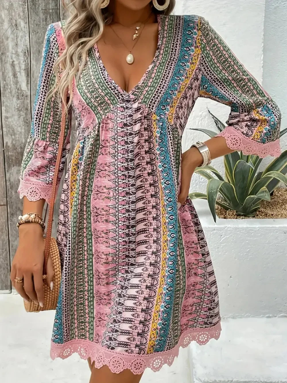 Boho print V-neck mini dress with lace trim and 3/4 sleeves