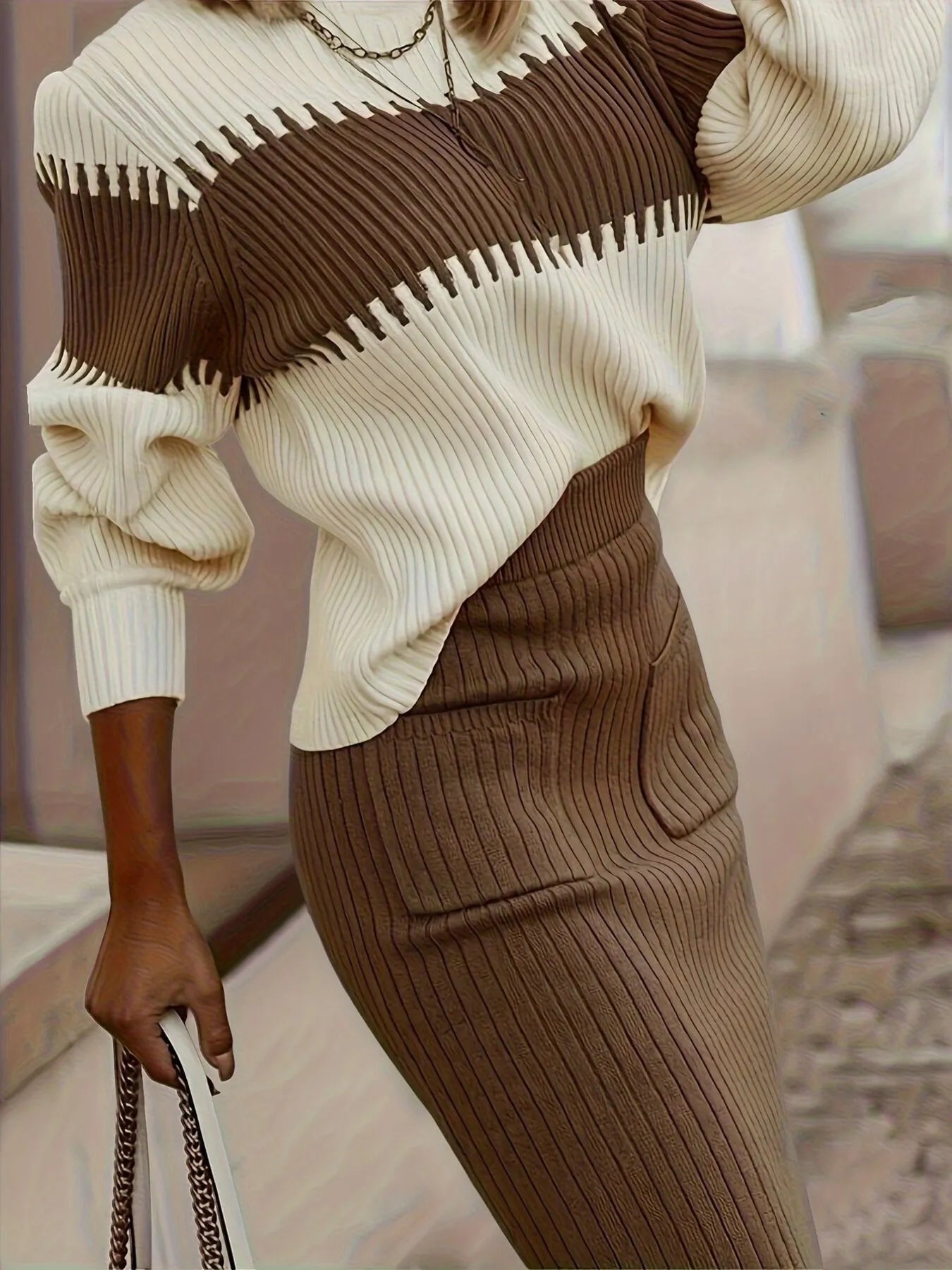 Two-Tone Ribbed Knit Sweater Set