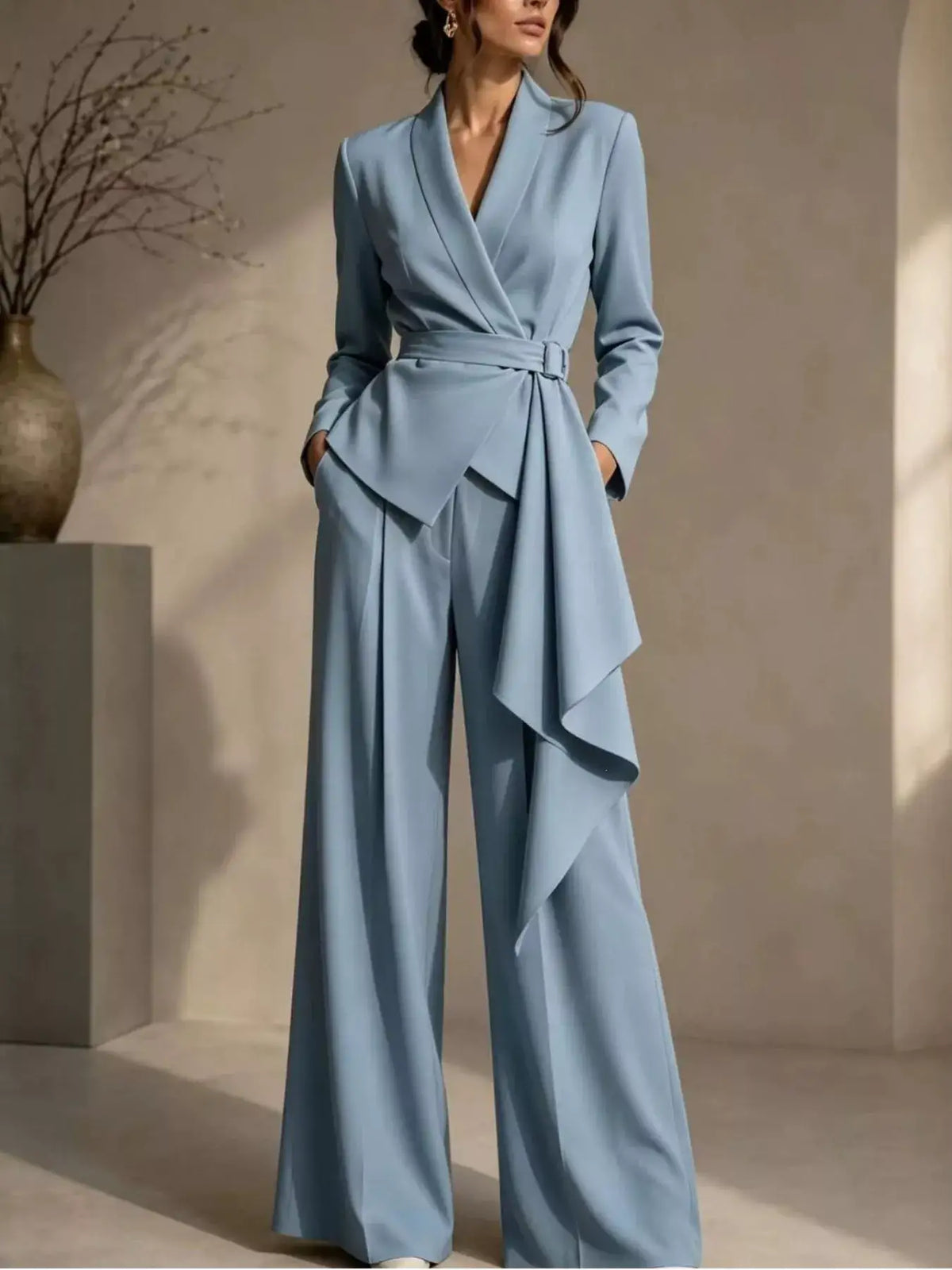 Evie's Dreamland light blue belted blazer and wide-leg pants set with a draped waist detail.