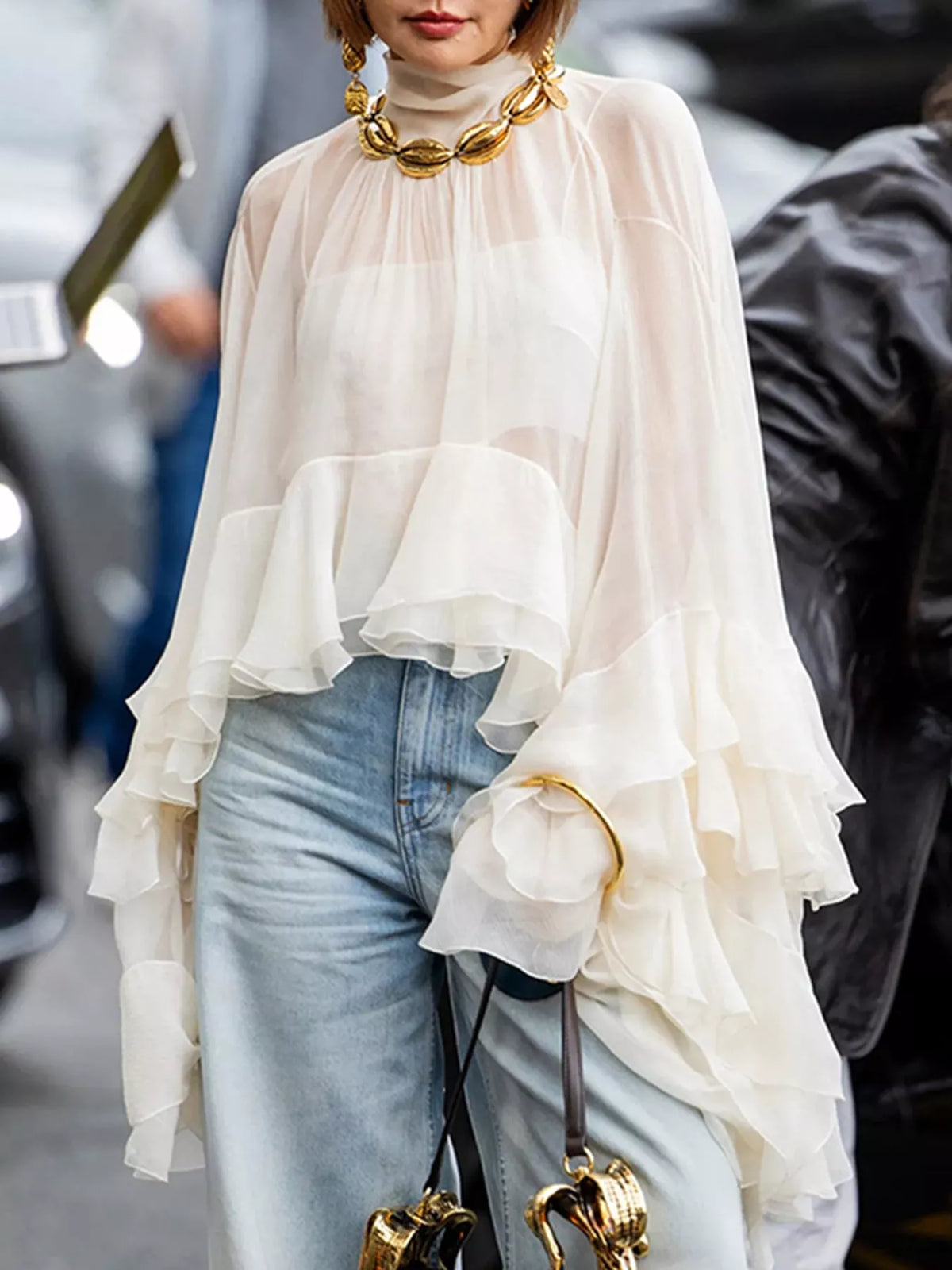 Off-white ruffled turtleneck long sleeve blouse - front view