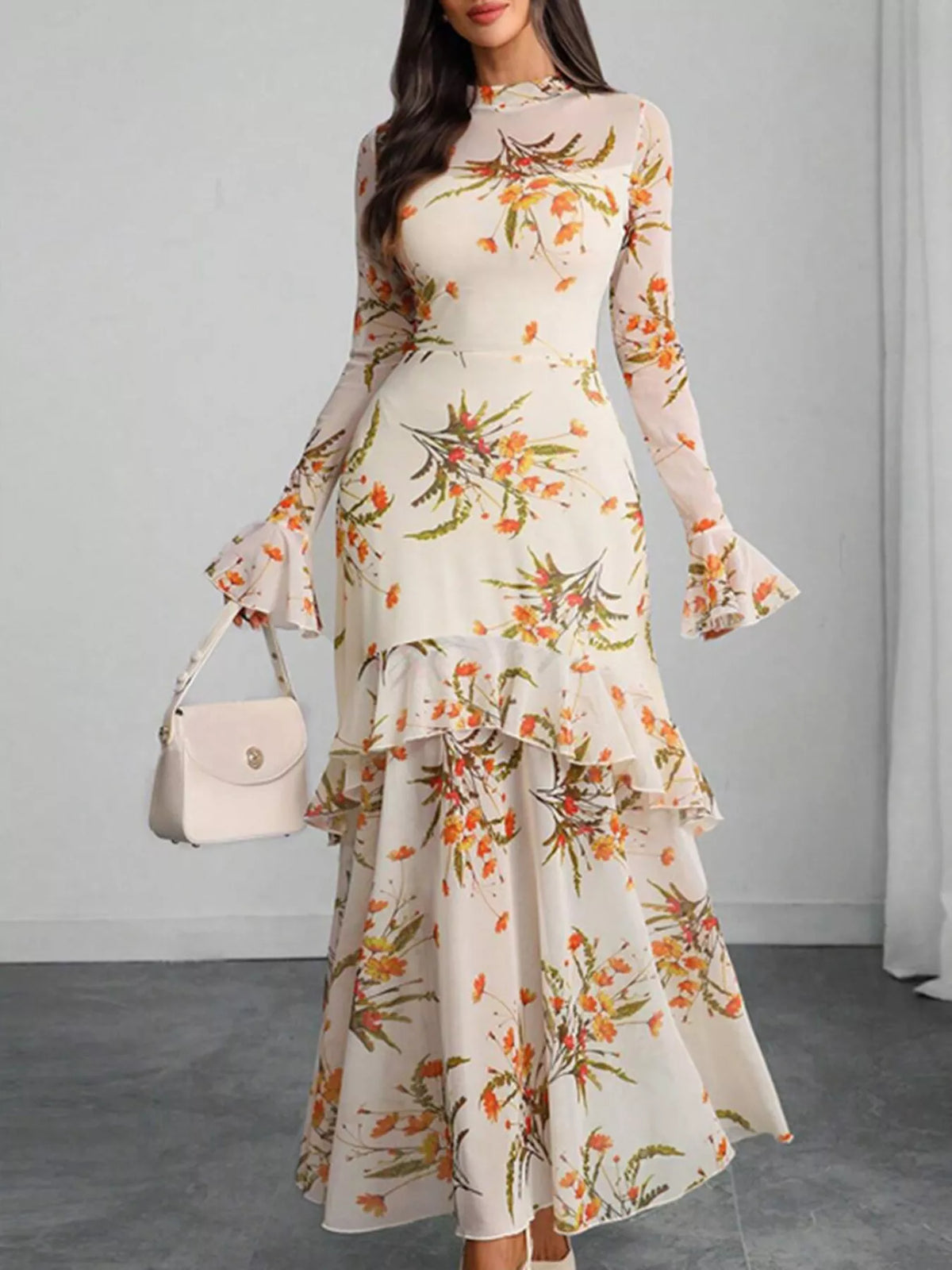 Evie's Dreamland floral print mermaid maxi dress with ruffled flounce sleeves