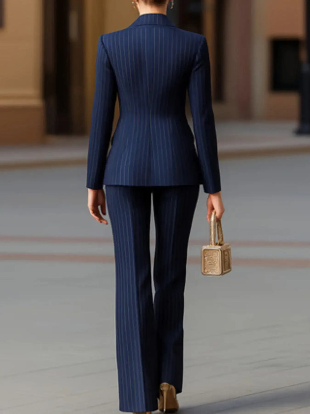 Back view of a navy blue pinstriped blazer and wide leg pants set by Evie's Dreamland.