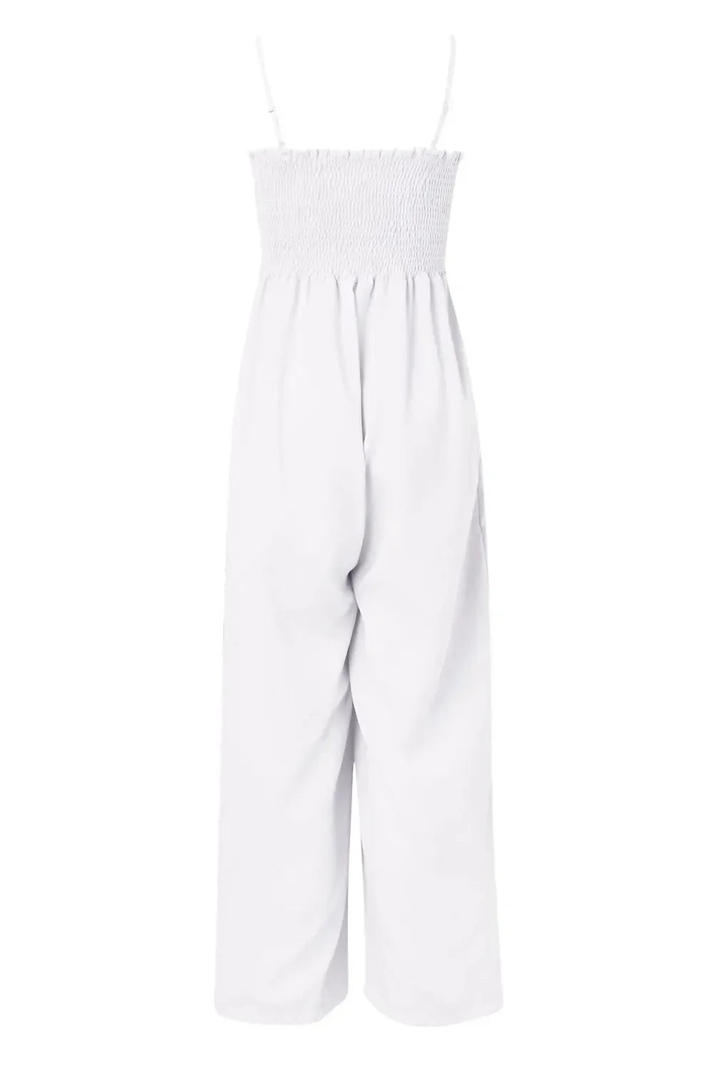 White sleeveless smocked bodice wide-leg jumpsuit with thin straps