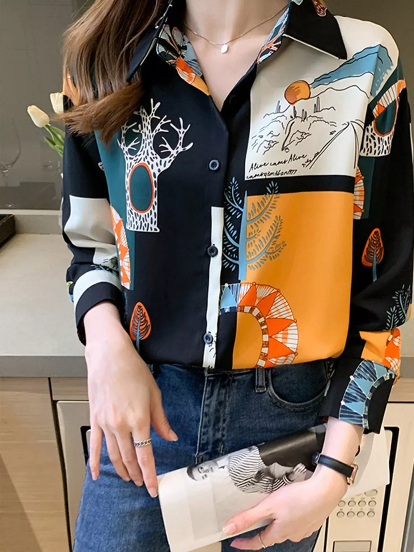 Vintage Print Long Sleeve Shirt for Women