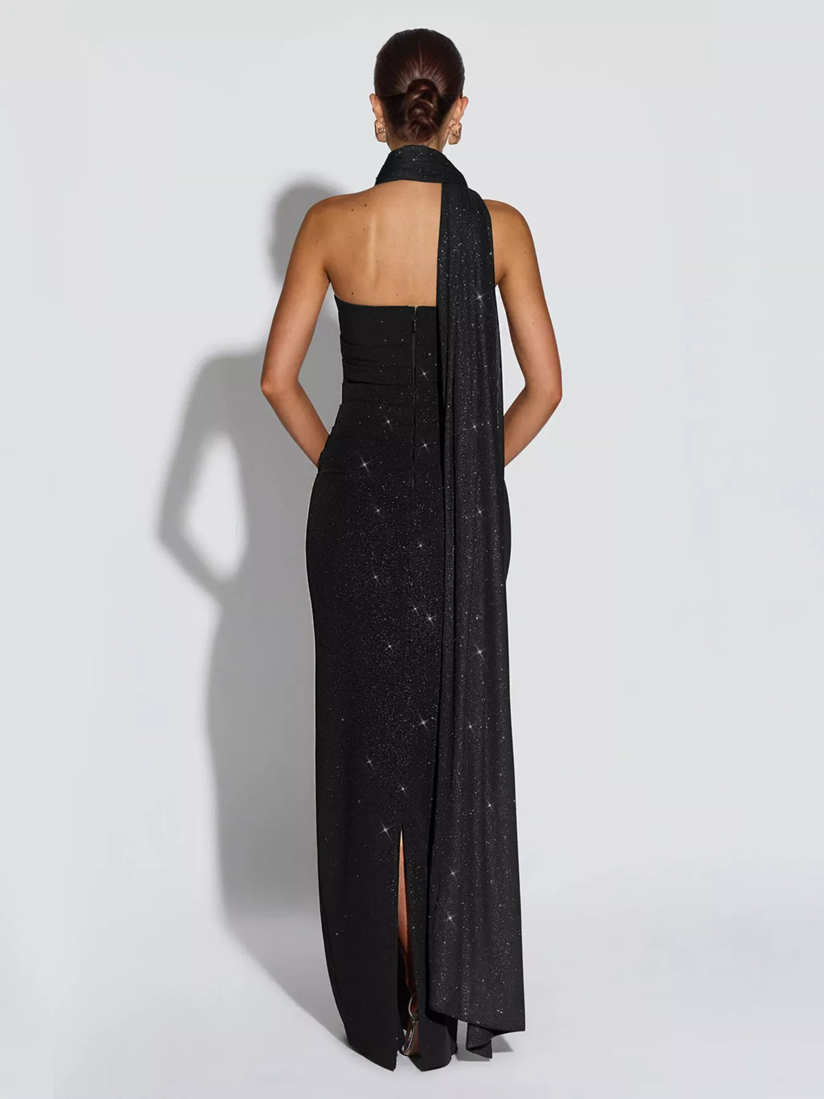 Black glitter evening gown with scarf - detail