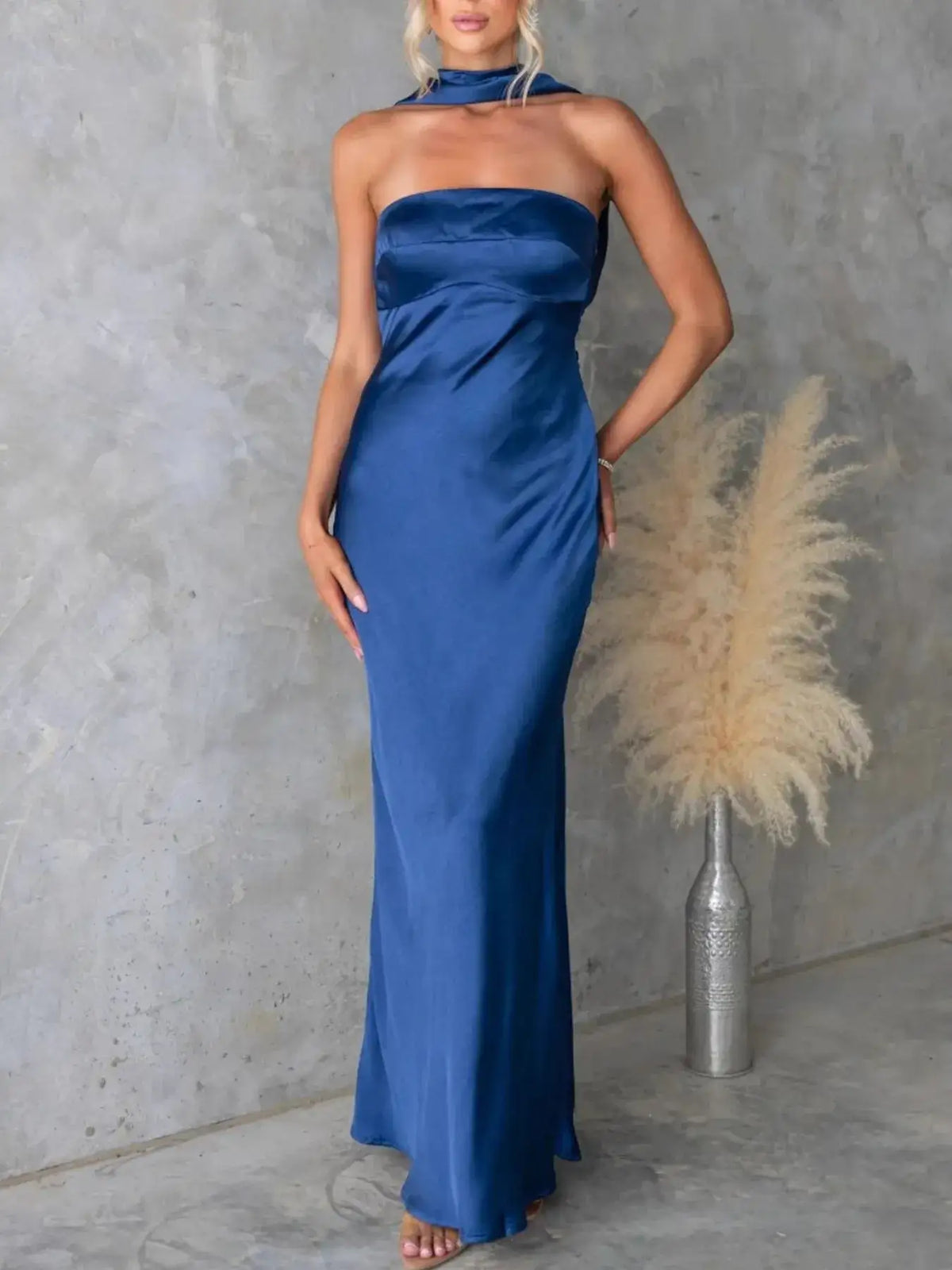 Evie's Dreamland royal blue satin tube maxi dress with a strapless neckline and sleek fit.