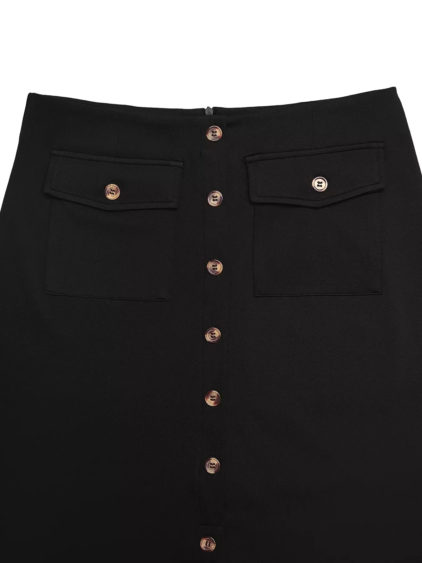 Black high-waisted skirt with front buttons and flap pockets featuring gold buttons