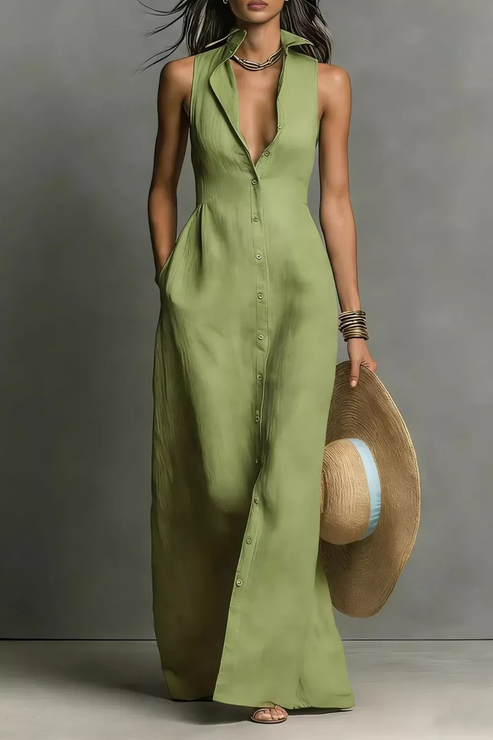 Olive green sleeveless button-down maxi dress with wide-leg pants, paired with straw hat and sandals