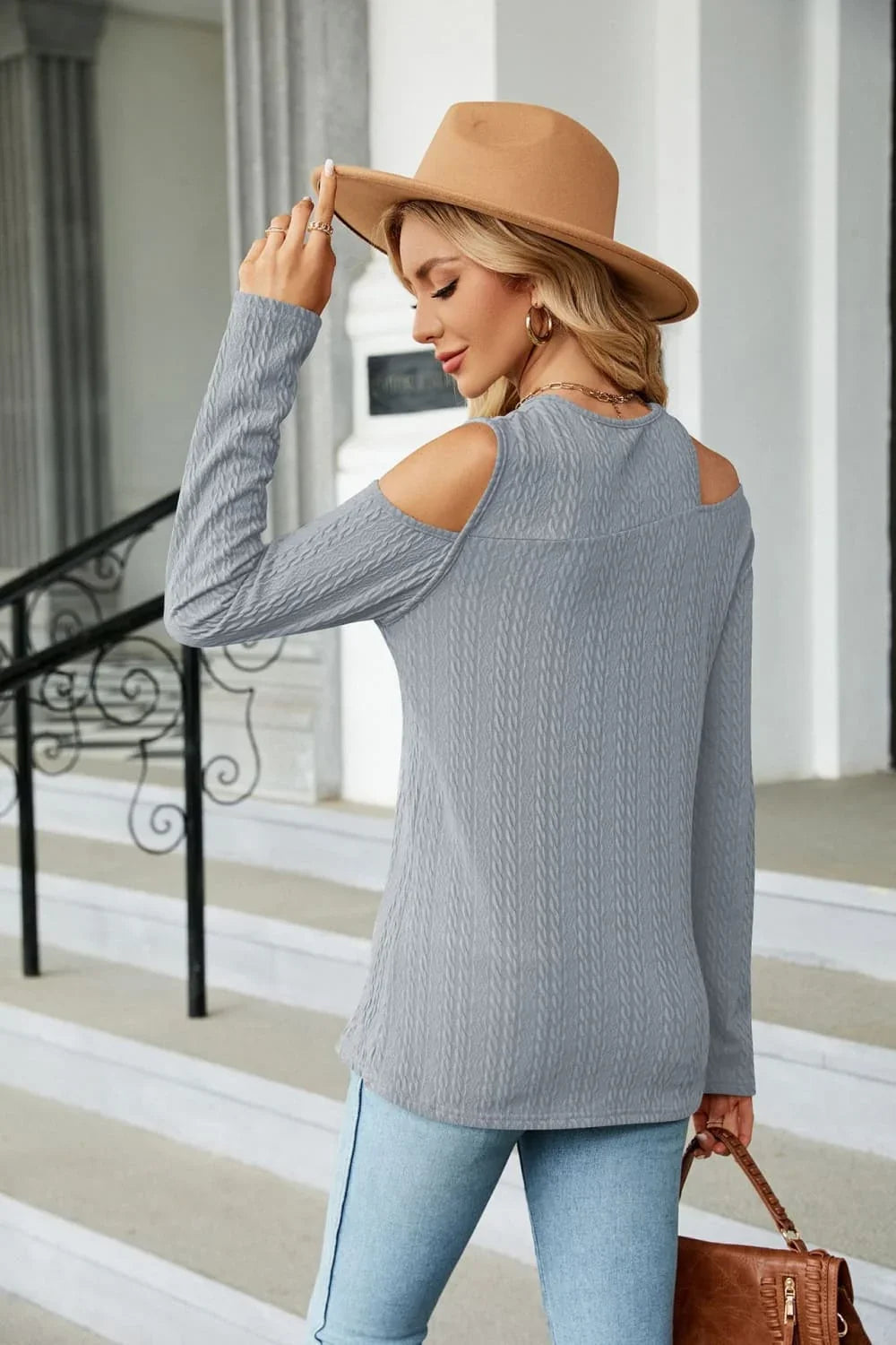 Cold Shoulder Long Sleeve Blouse Cutout Casual Round Neck Top