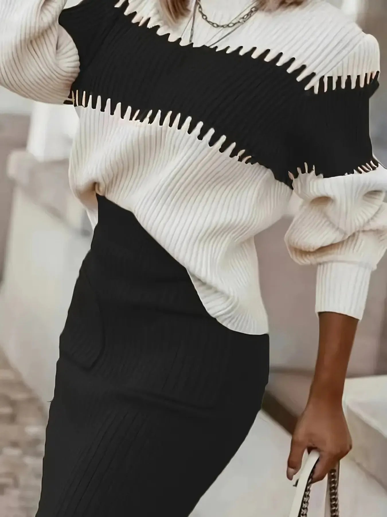 Two-Tone Ribbed Knit Sweater Set
