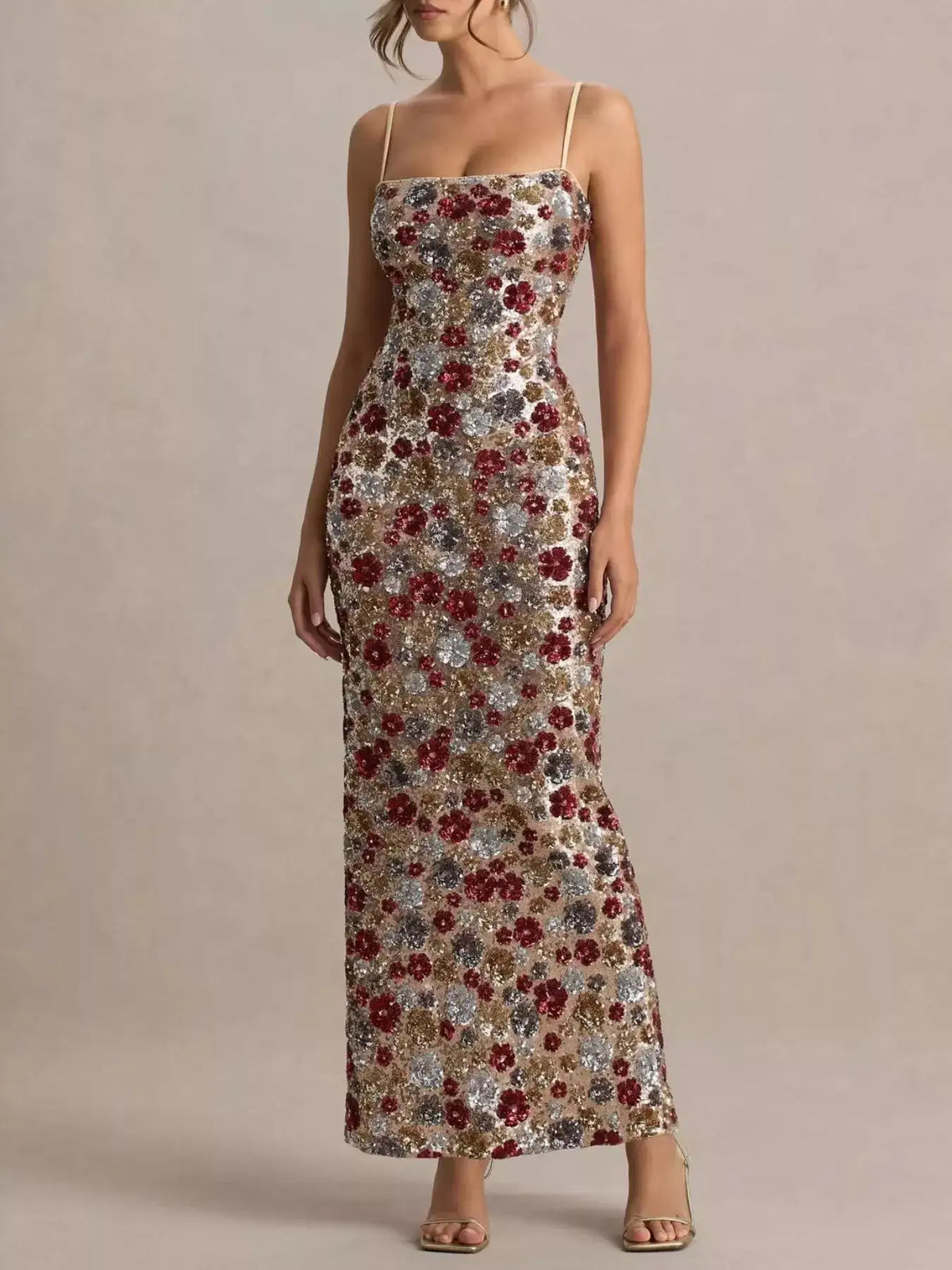 Evie's Dreamland floral sequin bodycon maxi dress with thin straps and square neckline in red and gold.