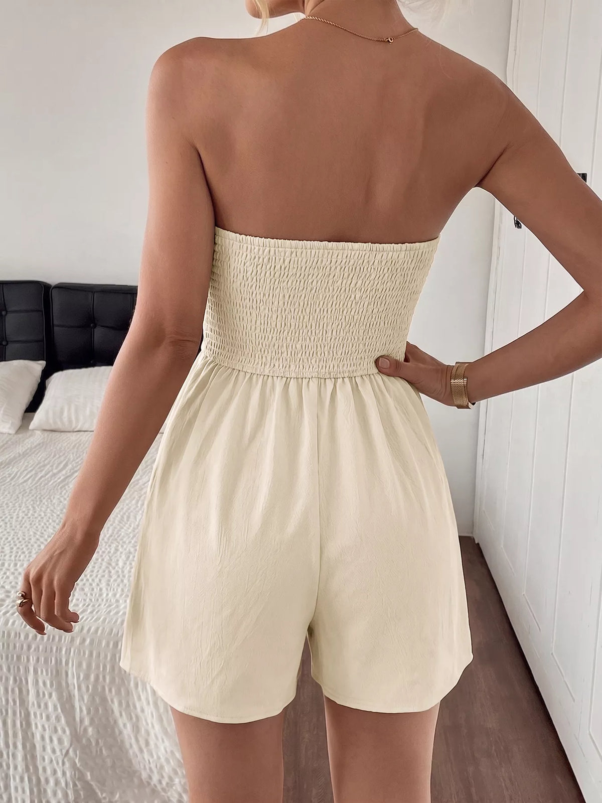 Women's pleated strapless playsuit, back view