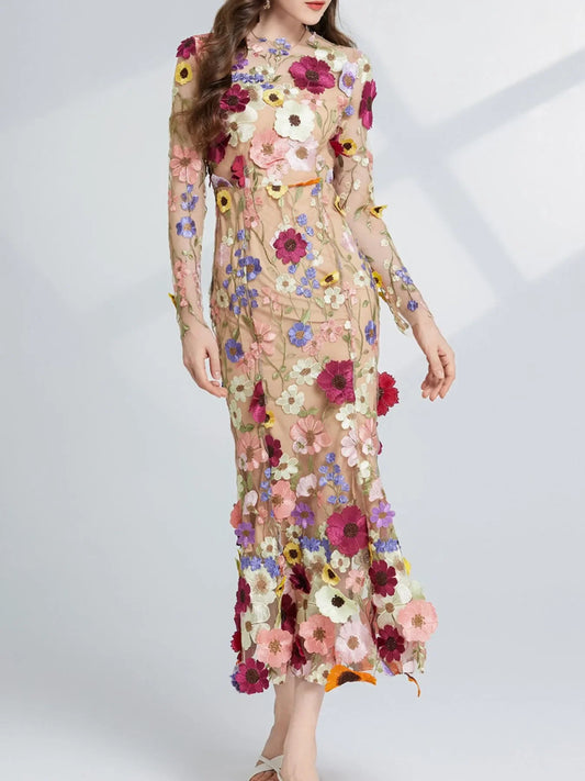 Long sheer floral embroidered dress with multicolor flowers, full sleeves, and fitted silhouette