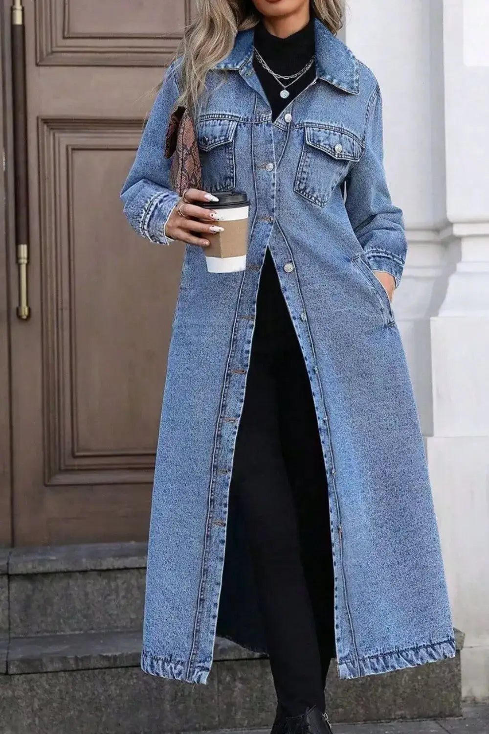 Women's longline denim jacket with button-front design