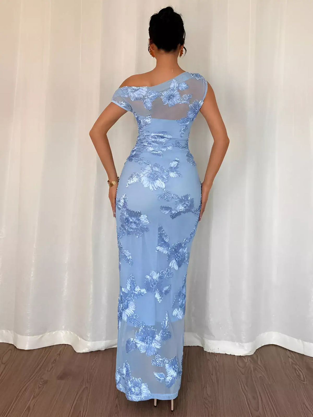 Embroidered one shoulder maxi dress - side view