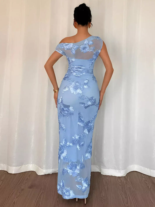 Embroidered one shoulder maxi dress - side view