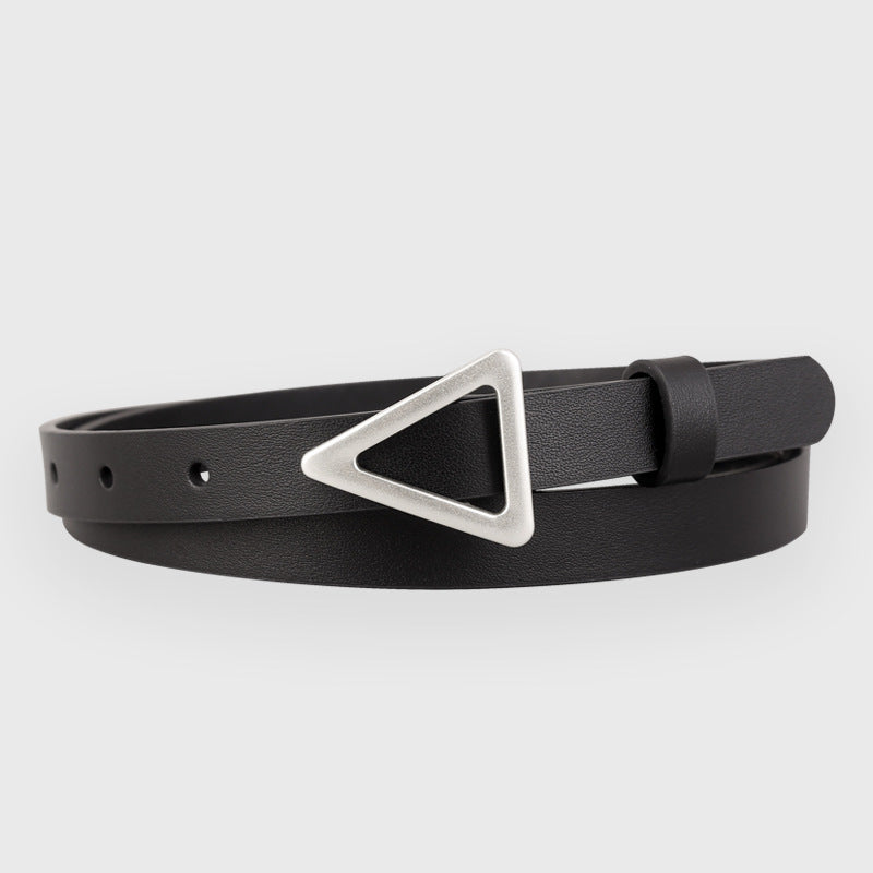 Black leather women's belt featuring a silver-tone triangular buckle