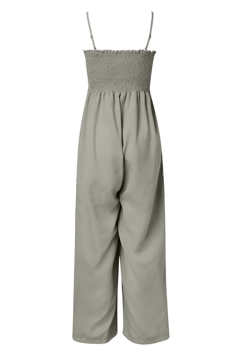 Taupe wide leg jumpsuit with smocked bodice and adjustable spaghetti straps