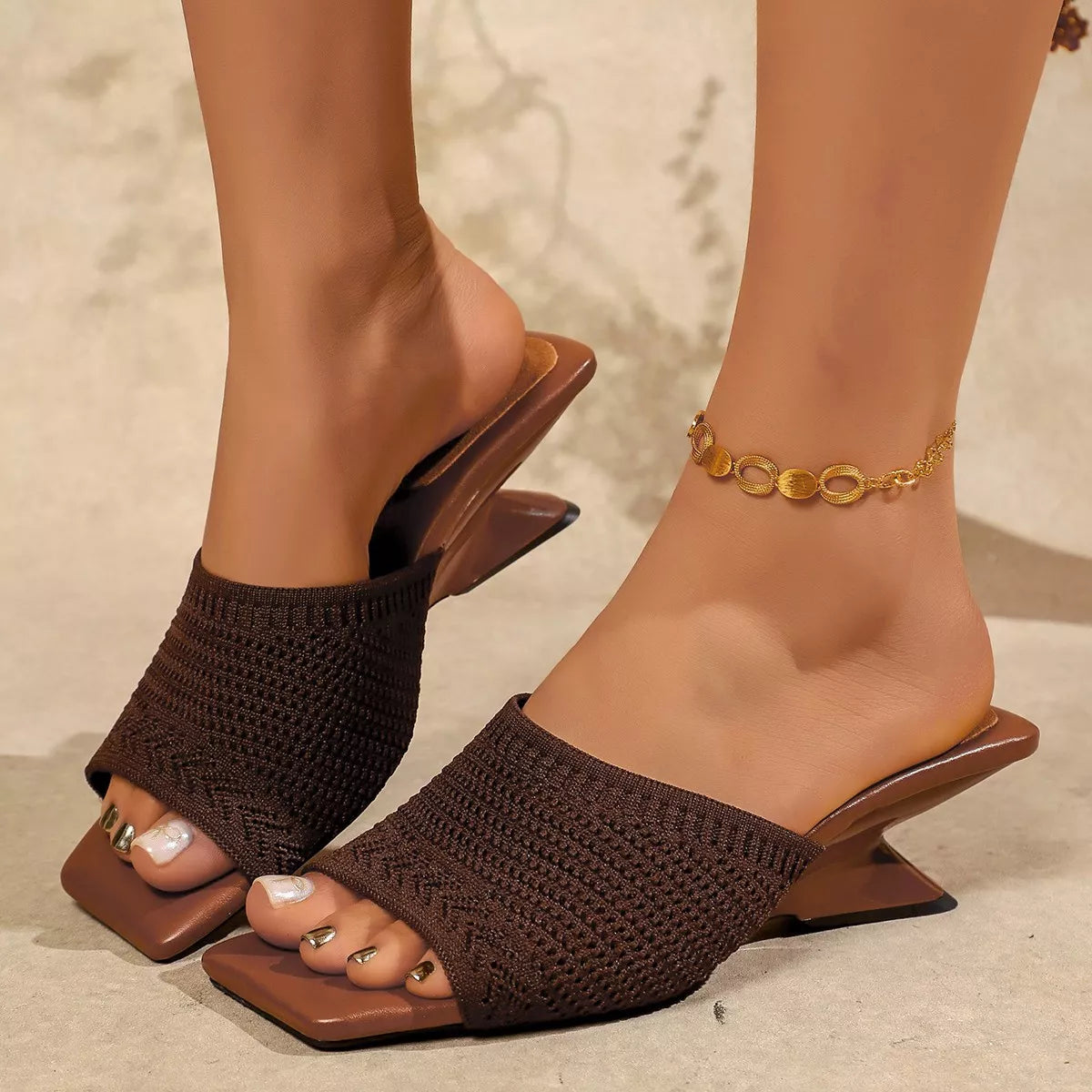 Women's mesh block heel sandals in brown, front view