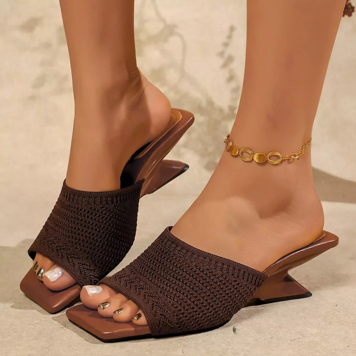 Women's mesh block heel sandals in brown, front view