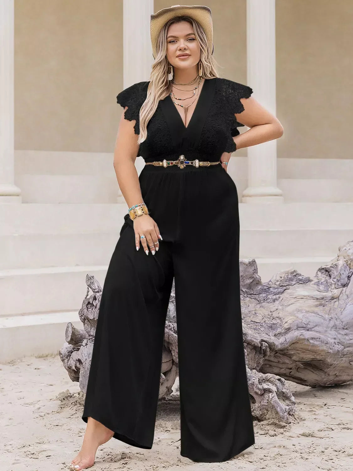 Plus size lace cap sleeve wide leg jumpsuit in elegant black for curvy women