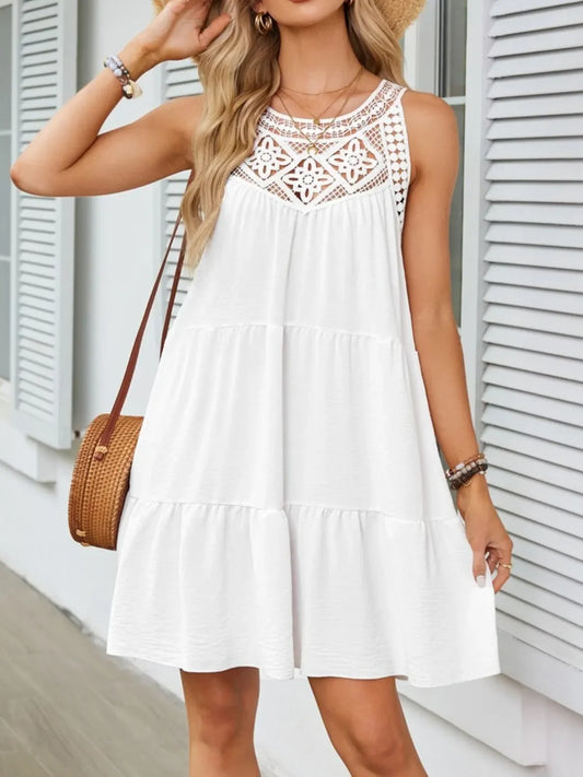White ruffled lace sleeveless occasion dress, front view