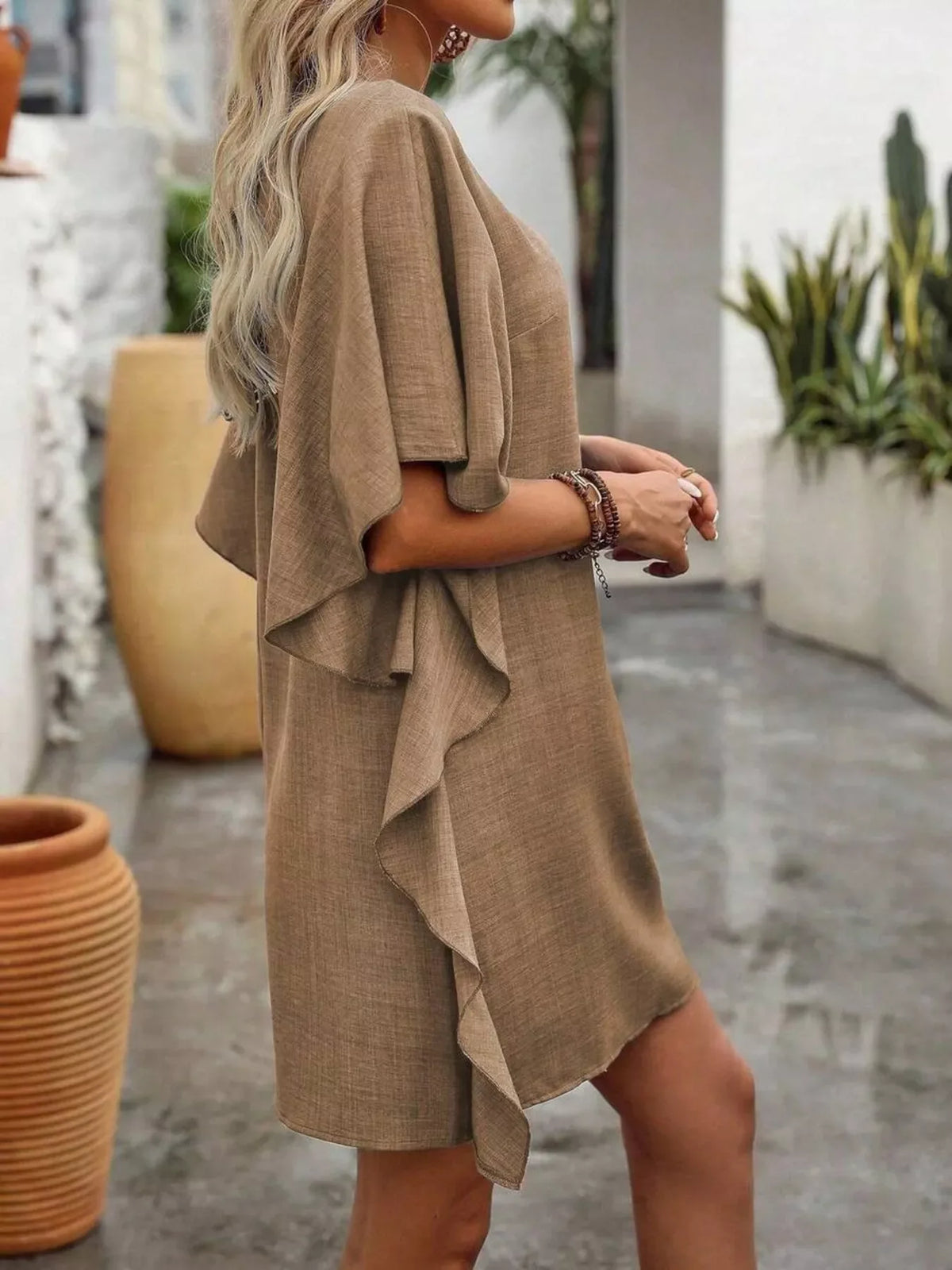 Khaki ruffled flutter-sleeve mini dress, summer style