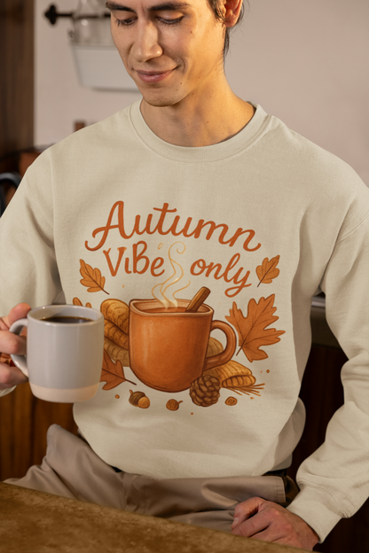 Man wearing soft cotton Autumn Vibes Only Sweatshirt during fall picnic