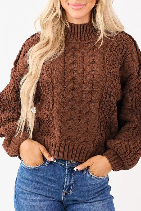 Textured brown mock neck sweater for women