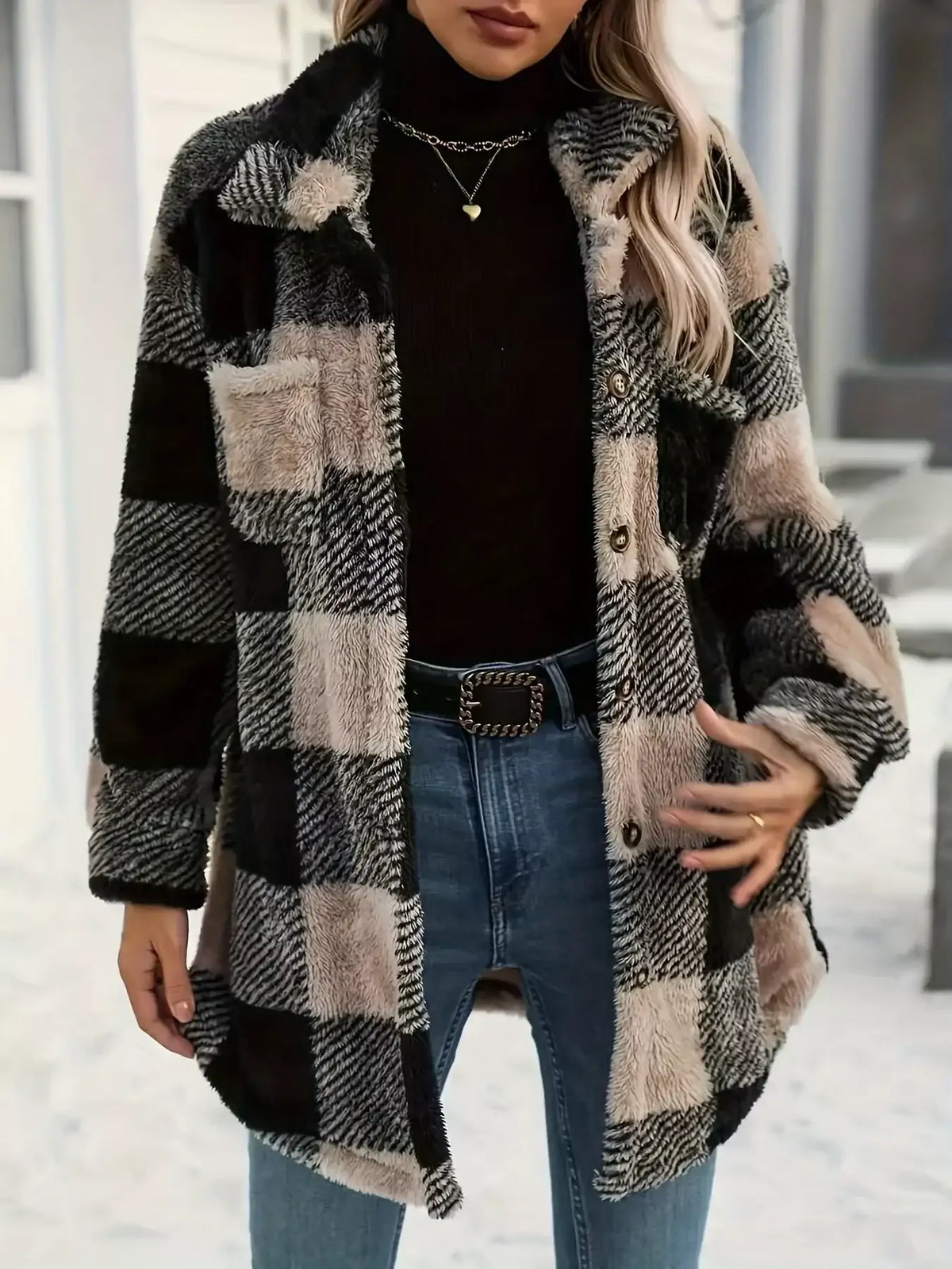 Detail of women's plaid fleece jacket with button-down front and pockets