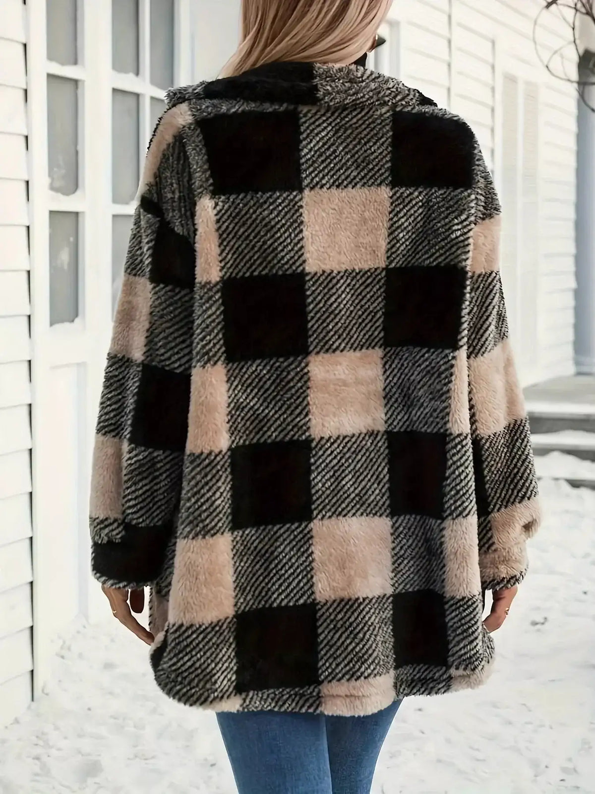 Back view of women's plaid fleece button-down jacket